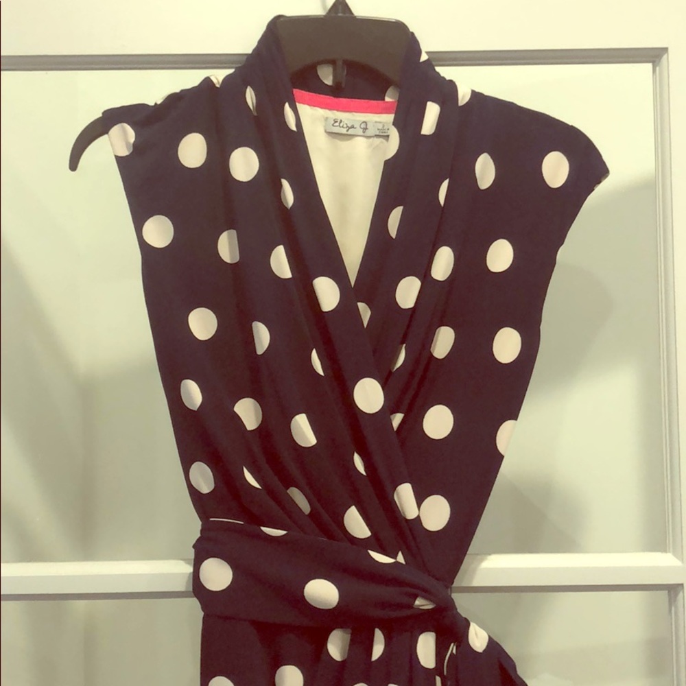 Navy Eliza J Polka Dot Faux-Wrap Dress with Belt